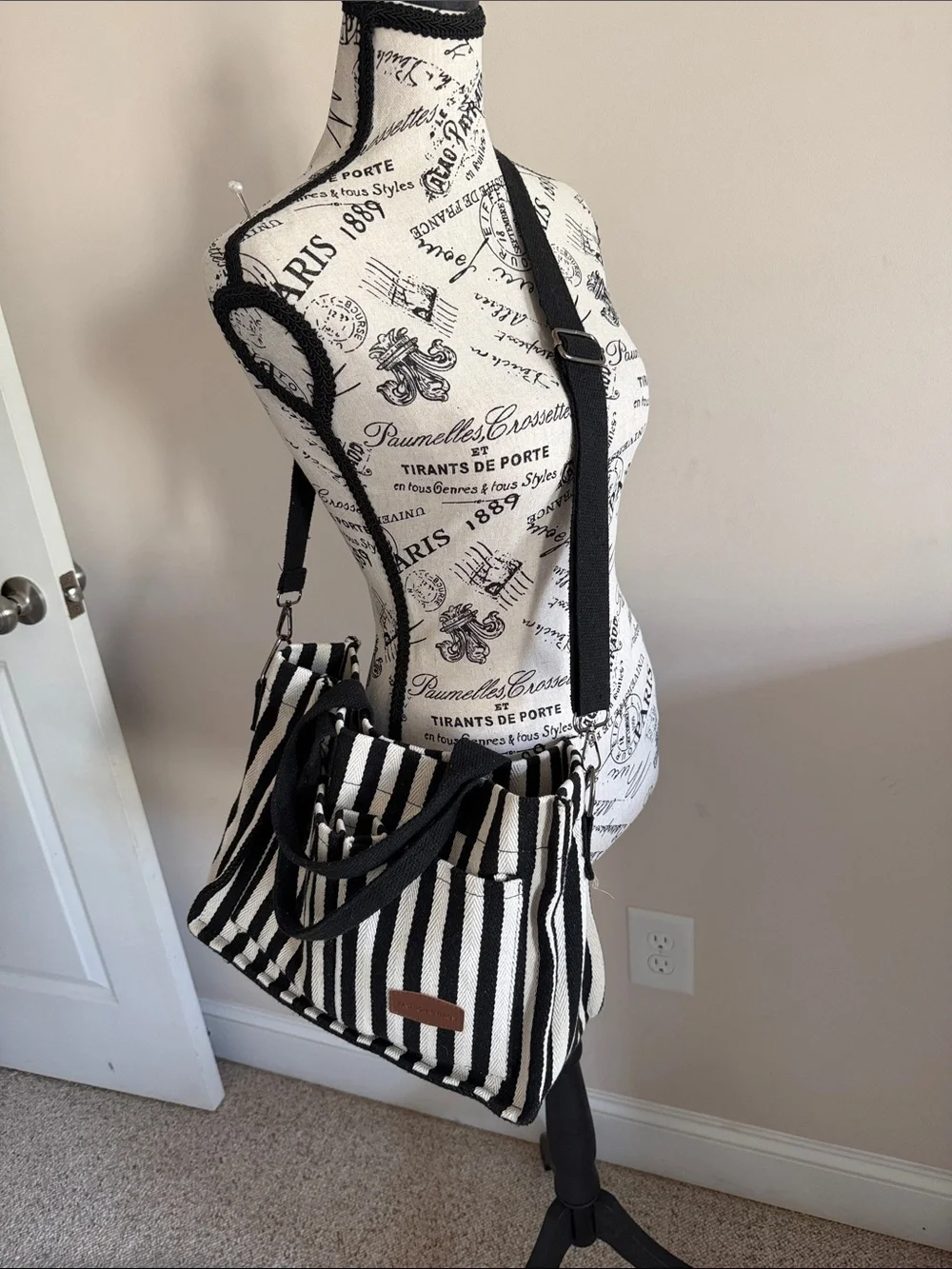 Striped Black & White Tote Bag with Front Pockets - Picture 3 of 4